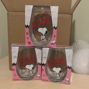 Peanuts Snoopy Stemless Wine Glasses with Red 'LOVE' Heart and Pink Accents